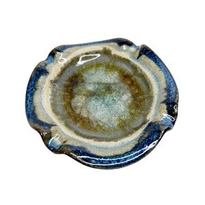 Blue Glazed Pottery Crystal Crackle Geode Center Ring Trinket Dish Or Ash Tray
